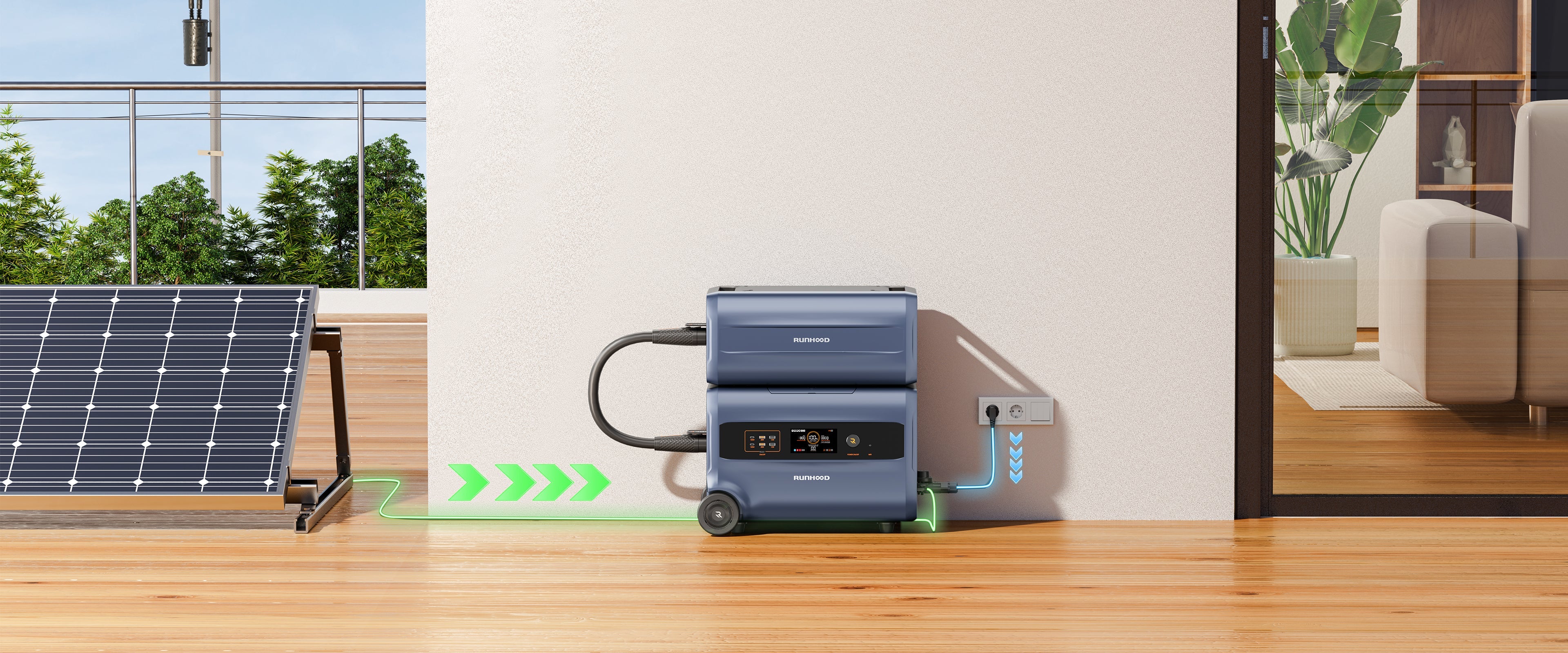 RUNHOOD POWER hat das 3-IN-1-Balkon-Stromspeichersystem mit bidirektionalem Wechselrichter F2400 auf den Markt gebracht.